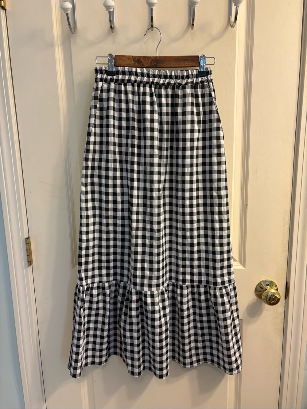 ASOS Black and White Gingham Midi Skirt with Ruffle Hem